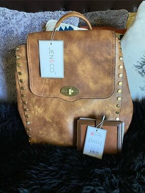 Jen & Co Brown Vegan Leather Backpack Purse and wallet